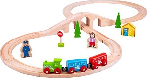 Дървена писта Bigjigs Toys - С влакче и аксесоари — BJT012