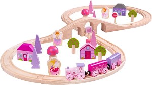 Дървена влакова композиция Bigjigs Toys - Магичен свят - С влакче и аксесоари — BJT022