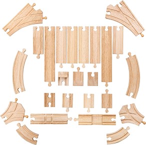 Релси и разклонения Bigjigs Toys - Дървен комплект от 25 броя — BJT052