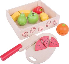 Дървени плодове за рязане в щайга Bigjigs Toys - С дъска и ножче — BJ472