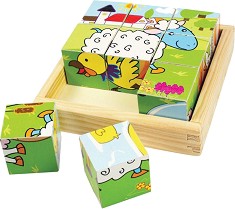 Дървени кубчета Bigjigs Toys - Животни от фермата - 9 броя в подложка — BJ536
