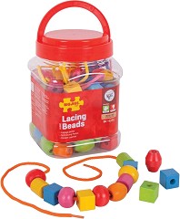 Мъниста в бурканче Bigjigs Toys - Комплект от 90 броя мъниста и 5 връвчици за нанизване — BJ662