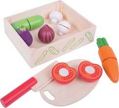 Дървени зеленчуци за рязане в щайга Bigjigs Toys - С ножче и дъска — BJ473