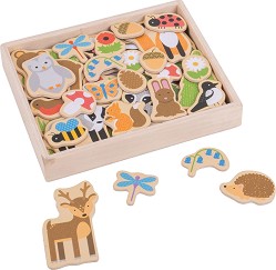 Дървени магнити - Гора - Комплект от 35 елемента за игра — Bigjigs Toys BJ275
