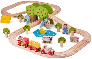 Дървена влакова композиция Bigjigs Toys - Ферма - С аксесоари от серията Rail — BJT036