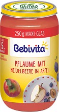 Био пюре от ябълки, сливи и боровинки Bebivita - 250 g, за 5+ месеца - пюре