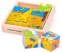 Дървени кубчета Bigjigs Toys - Сафари - 9 броя в подложка — BJ512