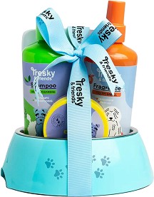 Подаръчен комплект за кучета Tresky & Friends Food and Welness Set - С шампоан, балсам за лапи, спрей, купа и четка