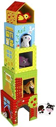 Ферма от картонени кубчета и дървени животни Tooky Toy — TKF053