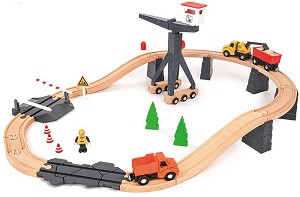 Дървена строителна площадка Tooky Toy - С кран и релси — TH682