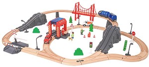 Дървено влакче с релси и спасителни коли Tooky Toy - Със звук и светлина — TH683