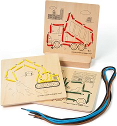 Нанизване по номера Bigjigs Toys - Строителни машини - Детски дървен образователен комплект — 34049