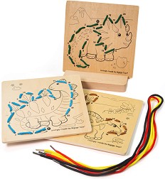 Нанизване по номера Bigjigs Toys - Динозаври - Детски дървен образователен комплект — 34048