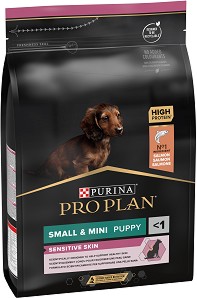 Суха храна за кучета с чувствителна кожа Purina Pro Plan Sensitive Skin Puppy Small & Mini - 3 кг, със сьомга, за малки и дребни породи, от 6 седмици до 1 година
