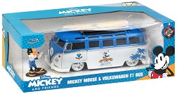 Метална количка Jada Toys - Volkswagen T1 Bus - С отварящи се врати, сърф и фигурка, от серията Мики Маус — 253075001