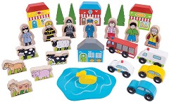 Дървени аксесоари за писта Bigjigs Toys - 32 фигури, от серията Rail — BJT054