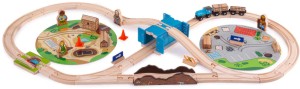 Дървена влакова композиция Bigjigs Toys - Строителна площадка - С релси и фигурки от серията Rail — BJT071