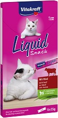 Кремообразни лакомства за котки Vitakraft Liquid Snack - 6 × 15 г, с говеждо и котешка трева, за над 3 месеца