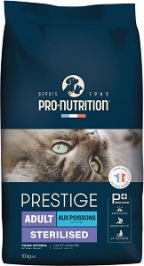 Суха храна за кастрирани котки и със склонност към наднормено тегло Pro-Nutrition Adult Sterilised - 10 кг, с риба, от серията Prestige Cat, в зряла възраст
