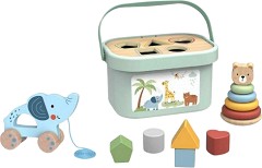 Дървен сортер с низанка и слонче за дърпане - Tooky Toy — TJ011