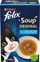 Супи за котки Felix Soup Original - 6 × 48 г, с риба треска, риба тон и писия, в зряла възраст