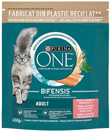 Суха храна за котки Purina ONE Bifensis Adult - 450 г, със сьомга и пшеница, за над 1 година