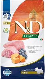 Суха храна за кучета N&D Adult Mini — 7 кг, с агнешко, тиква и боровинки, от серията Pumpkin, за дребни породи, над 1 година