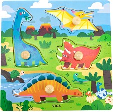 Динозаври - Дървен пъзел с дръжки в подложка — Viga Toys 44596