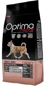 Суха храна за кучета с чувствителна кожа Optima Nova Adult Mini Sensitive — 0,8 кг, със сьомга и картофи, за дребни и малки породи в зряла възраст