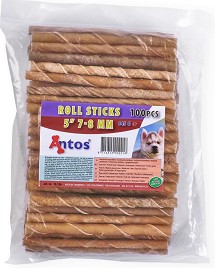 Натурални солети за кучета Antos Roll Sticks - 100 броя, от сурова говежда кожа, за дребни, малки и средни породи