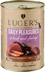 Консерви за котки Luger's - 6 × 400 г, с говеждо и скариди, от серията Daily Pleasures, в зряла възраст