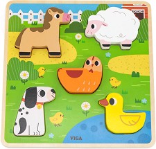 Животни във фермата - Дървен пъзел от 5 части — Viga Toys 44662