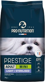 Суха храна за кастрирани кучета и със склонност към наднормено тегло Pro-Nutrition Adult Mini Light / Sterilised - 3 кг, от серията Prestige Dog, за дребни породи, с тегло от 2 до 10 кг