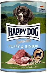 Консерва за кучета с чувствително храносмилане Happy Dog Puppy & Junior — 400 г, с агнешко и ориз, от серията Sensible, от 8 седмици до 18 месеца