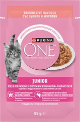 Пауч за котки Purina ONE Junior - 85 г, със сьомга и моркови в сос, от 1 до 12 месеца