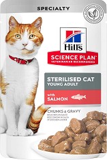 Пауч за кастрирани котки Hill's Sterilised Cat Young Adult - 85 г, със сьомга в сос, от серията Science Plan, от 6 месеца до 6 години