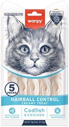 Кремообразни лакомства за котки против образуване на космени топки Wanpy Hairball Control - 5 × 14 г, с риба треска и пилешко, за над 3 месеца