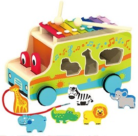 Дървен сортер за дърпане - Автобус с животни - По метода на Монтесори — Smart Baby ACT44