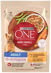 Пауч за кучета Purina ONE Adult - 85 г, от серията Purina ONE MINI, с пилешко и моркови, за дребни и малки породи в зряла възраст