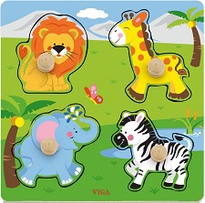 Диви животни - Дървен пъзел с дръжки в подложка — Viga Toys 50840