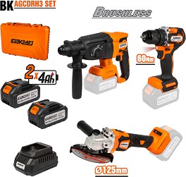 Акумулаторен ъглошлайф, ударна бормашина и перфоратор 18V Baukraft BK-AGCDRH3 - Модели BK-AG3, BK-CD3 и BK-BRH58 с куфар, 2 батерии и зарядно устройст