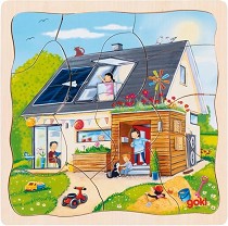 Строим къща - Многослоен детски пъзел от 35 части в поставка — Goki 57322