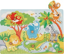 Животните в зоопарка - Дървен пъзел с дръжки в подложка — Goki 57398