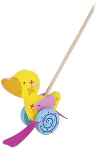 Дървена играчка за бутане Goki - Шарено пате — 54913