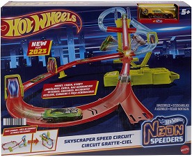 Писта скоростен небостъргач Neon Speeders - Mattel - С количка от серията Hot Wheels — HPC07