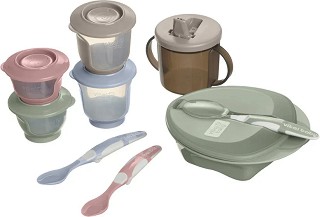 Детски биоразградим комплект за хранене Vital Baby Start Weaning Kit - Купичка, контейнери, лъжици и преходна чаша, от серията EarthSmart, 4+ м - продукт