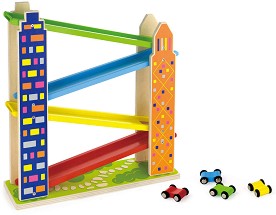 Дървена писта - Viga Toys - С 4 колички — 50981
