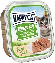 Пастет за котки Happy Cat Duo - 100 г, с птиче месо и агнешко, от серията Minkas, в зряла възраст
