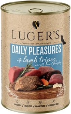 Консерви за кучета Luger's — 6 × 400 г, 6 × 400 и 6 × 800 г, с агнешко шкембе, моркови и магданоз, от серията Daily Pleasures, в зряла възраст