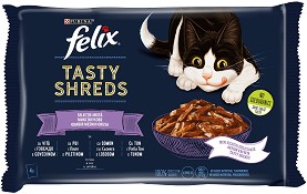 Паучове за котки Felix Tasty Shreds - 4 × 80 г, с говеждо, пилешко, сьомга и риба тон в сос, за над 1 година